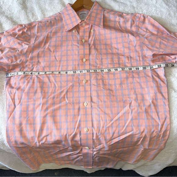 Brooks Brothers 346 Men’s Button Up Dress Shirt Orange‎ Blue Checkered Cotton - Picture 6 of 11